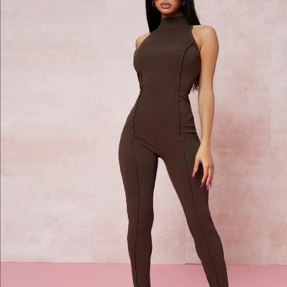 Brown Solid Stitch Jumpsuit